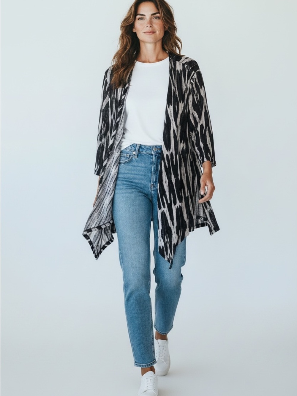 Black and White Patterned Lightweight Open Front Cardigan, 3/4 Sleeves